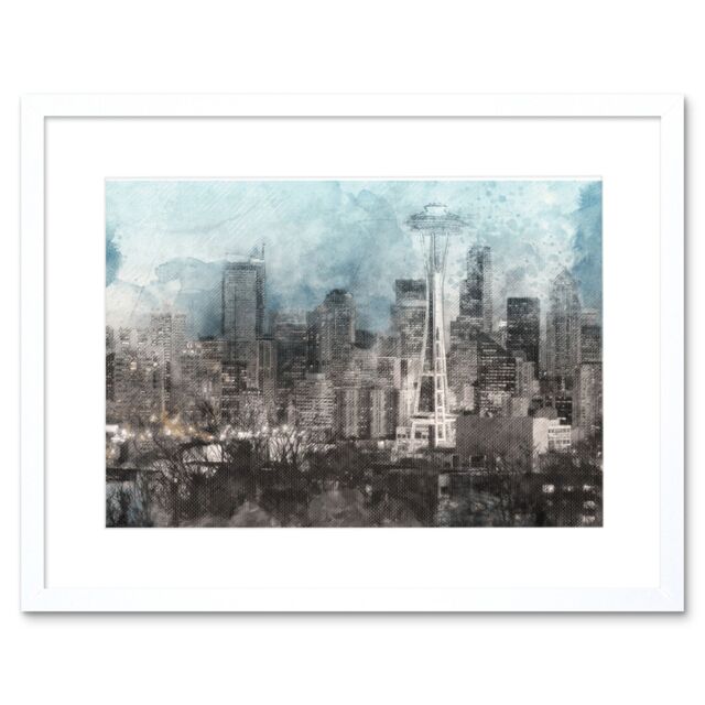 "Artery8 Wall Art Print Seattle City Skyline Framed in White - Size: W7"" x H9""" - image 1