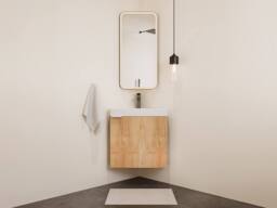 Vente-unique Corner Suspended Light Natural Oak Hand Basin Unit - 56 Cm - MANODO in Light Oak - thumbnail 2