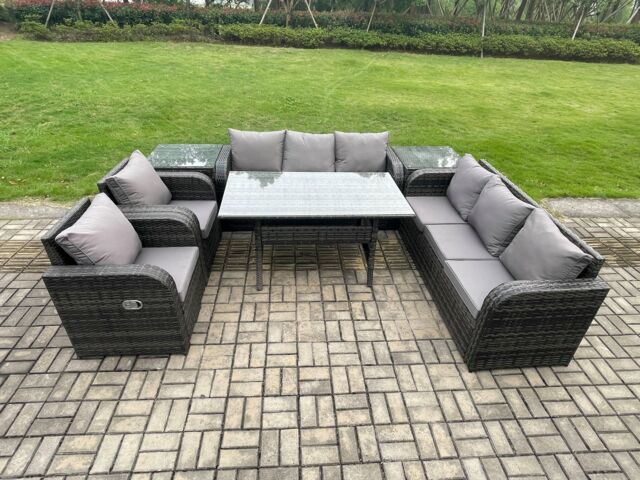 Fimous Outdoor Garden Patio Furniture Wicker Rattan Oblong Rectangular Dining Table & Lounge Sofa set with 2 Side Table Dark Grey Mixed - image 1