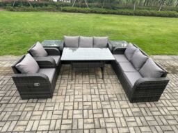 Fimous Outdoor Garden Patio Furniture Wicker Rattan Oblong Rectangular Dining Table & Lounge Sofa set with 2 Side Table Dark Grey Mixed - thumbnail 1