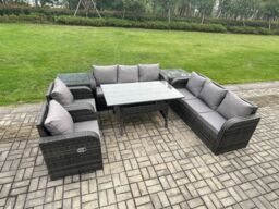 Fimous Outdoor Garden Patio Furniture Wicker Rattan Oblong Rectangular Dining Table & Lounge Sofa set with 2 Side Table Dark Grey Mixed - thumbnail 2