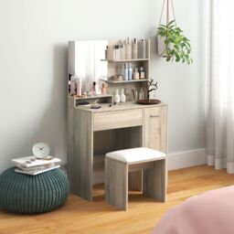 Vanity Table with Mirror and Cushioned Stool Modern Dressing Table