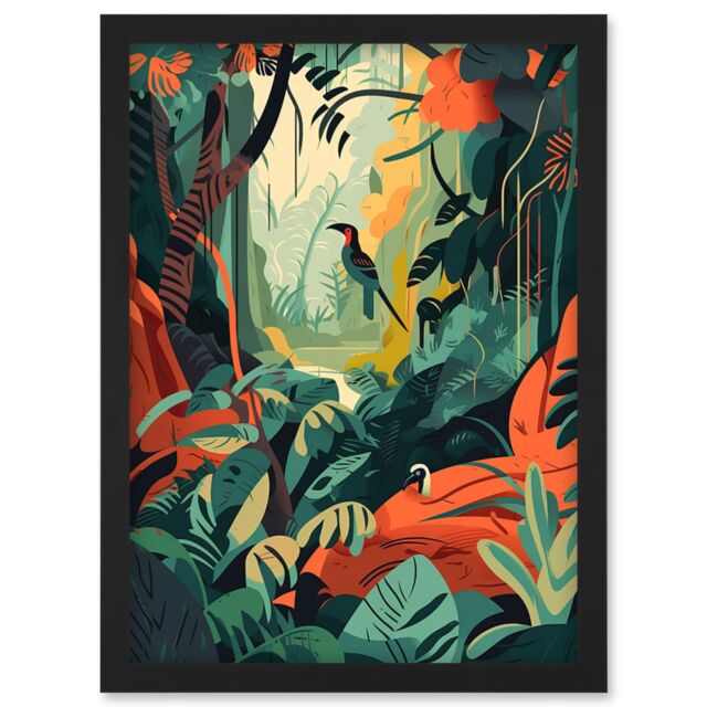 Artery8 Amazon Rainforest Diverse Flora & Tropical Birds Artwork Framed Wall Art Print A4 in Black - image 1