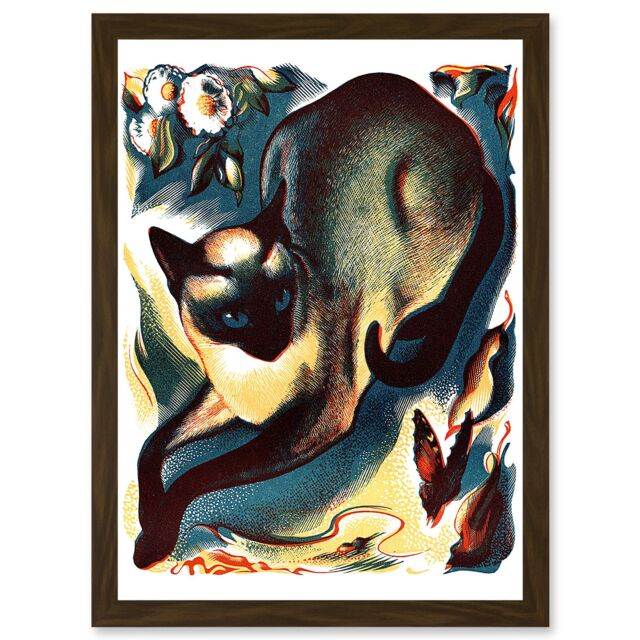Artery8 Siamese Cat Butterfly Animal Artwork Framed Wall Art Print A4 in Brown - image 1