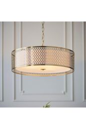 Netlighting Cordero Single Pendant Ceiling Lamp Gold Effect Plate White Fabric Frosted Glass in Clear - thumbnail 2