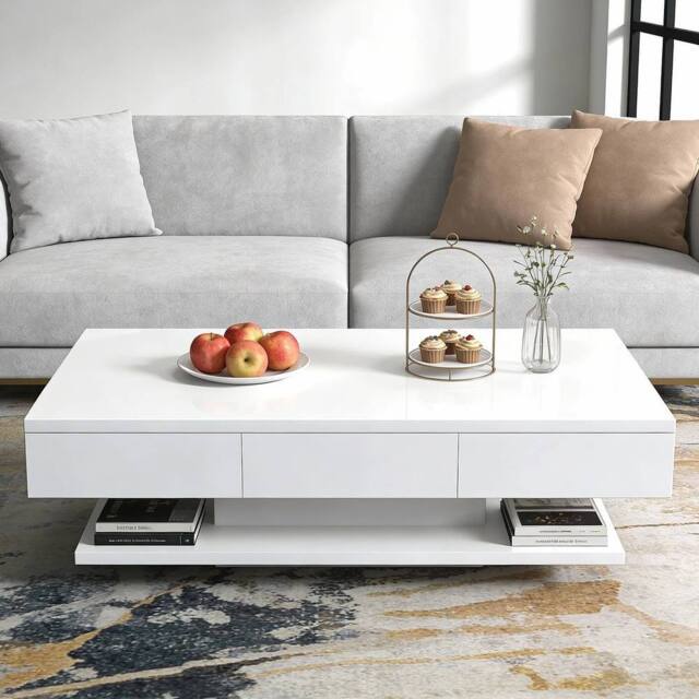VOGREX Coffee Table With Wooden 2 Drawer Storage Living Room Furniture in White - image 1