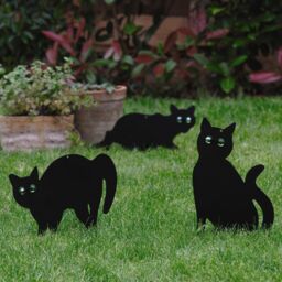mysmartbuy 3 x Life-Sized Decoy Cats - Weatherproof Metal Cat Silhouette Garden Lawn or Fence Decor for Deterring Cats, Birds & Small Mammals in Black - thumbnail 1