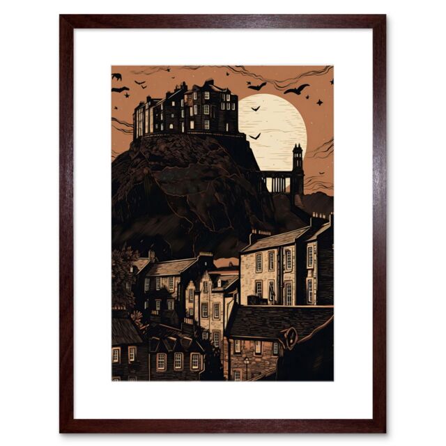 "Artery8 Wall Art Print Dramatic Full Moon Rising Behind Edinburgh Castle Artwork Framed 9X7 Inch in Brown - Size: W7"" x H9""" - image 1