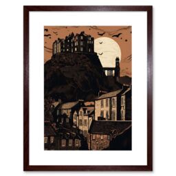 "Artery8 Wall Art Print Dramatic Full Moon Rising Behind Edinburgh Castle Artwork Framed 9X7 Inch in Brown - Size: W7"" x H9""" - thumbnail 1
