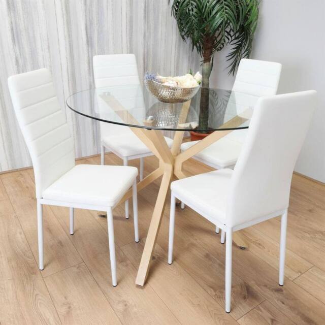 KOSY KOALA Round Glass Dining Table Set With 4 white faux leather Chairs - image 1