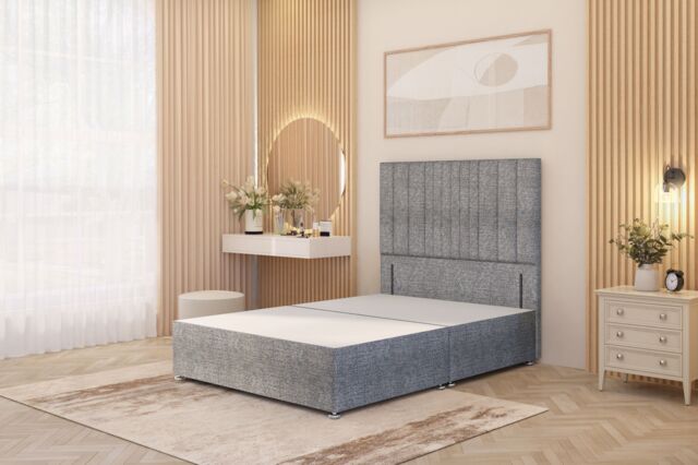 "Somnior Alexas Divan Bed Base with 54"" Floor Standing Headboard Tweed Fabric in Grey - Size: Single" - image 1