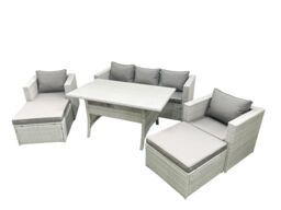 Fimous Garden Dining Set Outdoor Rattan Furniture Set with Sofa Dining Table 2 Chairs 2 Big Footstools Light Grey Mixed - thumbnail 2