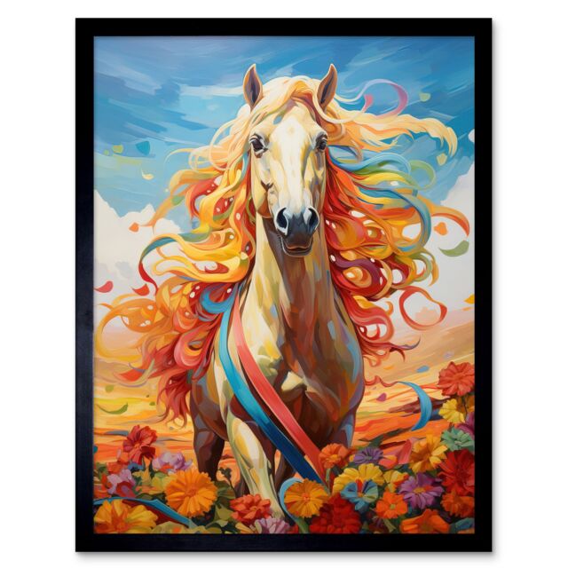 "Artery8 Wall Art Print Girls Bedroom Nursery Artwork Fantasy Horse Colourful Mane Bright Bold Fun Happy Art Framed in Black - Size: W12"" x H16""" - image 1