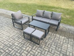Fimous Aluminium Outdoor Garden Furniture Set Patio Lounge Sofa with Oblong Coffee Table 2 Small Footstools Armchair Dark Grey - thumbnail 2