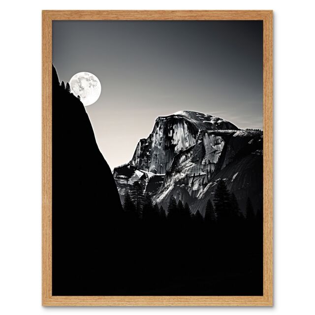 Artery8 Wall Art Print Moonrise by Half Dome in Yosemite National Park High Contrast Black White Photograph Full Moon & Mountain Forest Landscape Art - image 1