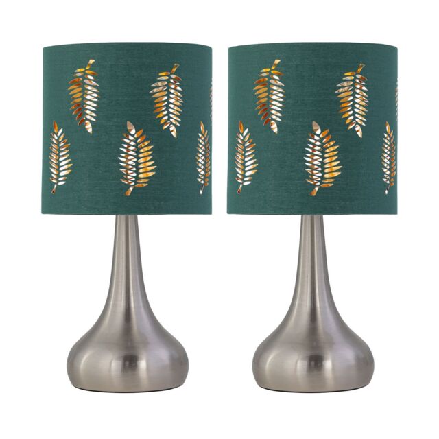 First Choice Lighting Set of 2 Romana - Brushed Chrome Touch Table Lamps Dark Green Shades in Silver - image 1