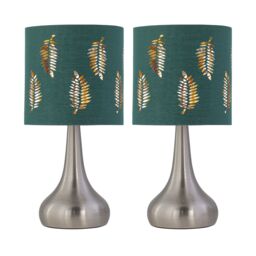 First Choice Lighting Set of 2 Romana - Brushed Chrome Touch Table Lamps Dark Green Shades in Silver