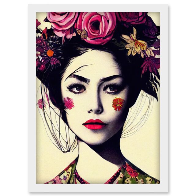 Artery8 Boho Woman With Flowers Headdress Modern Artwork Framed Wall Art Print A4 in White - image 1