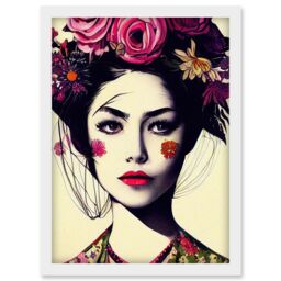 Artery8 Boho Woman With Flowers Headdress Modern Artwork Framed Wall Art Print A4 in White - thumbnail 1