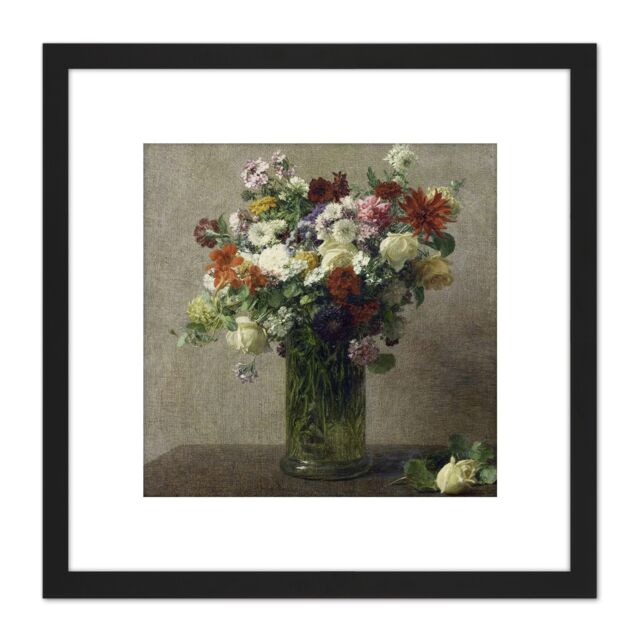 Artery8 Henri Fantin Latour Flowers From Normandy Painting 8X8 Inch Square Wooden Framed Wall Art Print Picture with Mount in Black - image 1