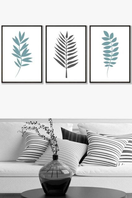 ARTZE Graphical Blue Grey Leaves Framed Wall Art - Large in Black - Size: W53 cm x H73 cm x D20mm - image 1