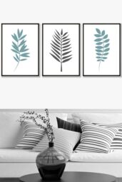 ARTZE Graphical Blue Grey Leaves Framed Wall Art - Large in Black - Size: W53 cm x H73 cm x D20mm - thumbnail 1