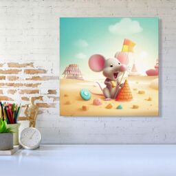 "Warren Reed - Designer A Mouse On A Beach Holiday Canvas in Yellow - Size: W16"" x H16""" - thumbnail 2