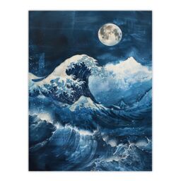 "Artery8 The Great Wave at Full Moon Storm Sea Painting Wall Art Print in Blue - Size: W12"" x H16""" - thumbnail 1
