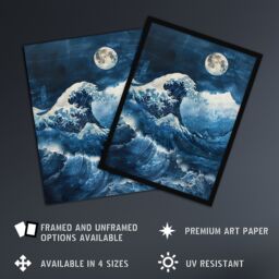 "Artery8 The Great Wave at Full Moon Storm Sea Painting Wall Art Print in Blue - Size: W12"" x H16""" - thumbnail 2