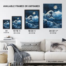 "Artery8 The Great Wave at Full Moon Storm Sea Painting Wall Art Print in Blue - Size: W12"" x H16""" - thumbnail 3