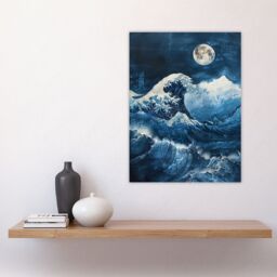 "Artery8 The Great Wave at Full Moon Storm Sea Painting Wall Art Print in Blue - Size: W12"" x H16""" - thumbnail 4