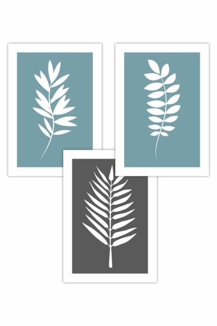 ARTZE Set of 3 Blue Grey Graphical Leaves Art Posters in Duck Egg Blue - Size: W50 cm x H70 cm - image 1