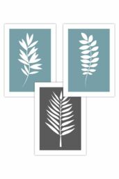 ARTZE Set of 3 Blue Grey Graphical Leaves Art Posters in Duck Egg Blue - Size: W50 cm x H70 cm - thumbnail 1