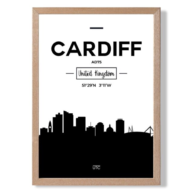 ARTZE Cardiff Black & White City Skyline Framed Print SIZE: A4 with Oak Frame - image 1