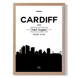 ARTZE Cardiff Black & White City Skyline Framed Print SIZE: A4 with Oak Frame - thumbnail 1
