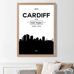 ARTZE Cardiff Black & White City Skyline Framed Print SIZE: A4 with Oak Frame - thumbnail 2