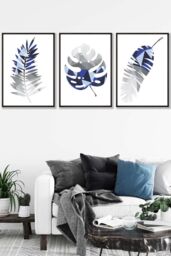 ARTZE Geometric Tropical Leaves In Navy Blue Grey Framed Wall Art - Large in Black - Size: W53 cm x H73 cm x D20mm