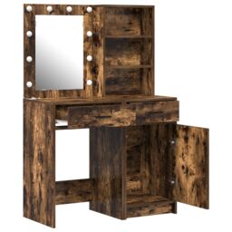 Berkfield Home 2 Piece Dressing Table Set with LED Smoked Oak Engineered Wood in Brown - thumbnail 6