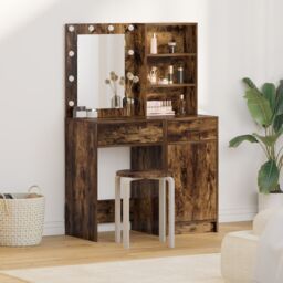 Berkfield Home 2 Piece Dressing Table Set with LED Smoked Oak Engineered Wood in Brown