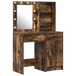 Berkfield Home 2 Piece Dressing Table Set with LED Smoked Oak Engineered Wood in Brown - thumbnail 2