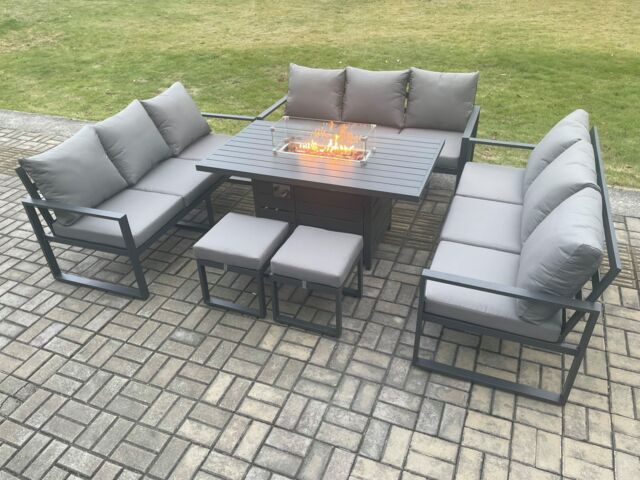 Fimous Aluminium 11 Seater Garden Furniture Outdoor Set Patio Lounge Sofa Gas Fire Pit Dining Table Set with 2 Small Footstools Dark Grey - image 1