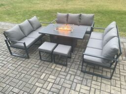 Fimous Aluminium 11 Seater Garden Furniture Outdoor Set Patio Lounge Sofa Gas Fire Pit Dining Table Set with 2 Small Footstools Dark Grey - thumbnail 1