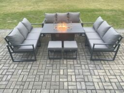 Fimous Aluminium 11 Seater Garden Furniture Outdoor Set Patio Lounge Sofa Gas Fire Pit Dining Table Set with 2 Small Footstools Dark Grey - thumbnail 2