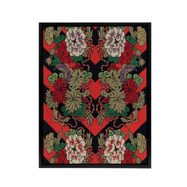 "Artery8 Japanese Red Fan Floral Pattern Audsley Vintage Framed Canvas Wall Art - Size: W12"" x H16""" - image 1