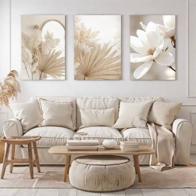 Mafett Beige Botanical Canvas Wall Art Set of 3 Minimalist Prints - Size: A3 - image 1