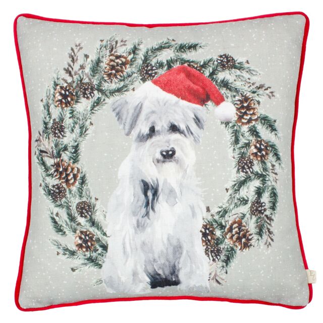 Evans Lichfield Christmas Dog Wreath Festive Piped Polyester Filled Cushion - Size: 43 cm x 43 cm - image 1
