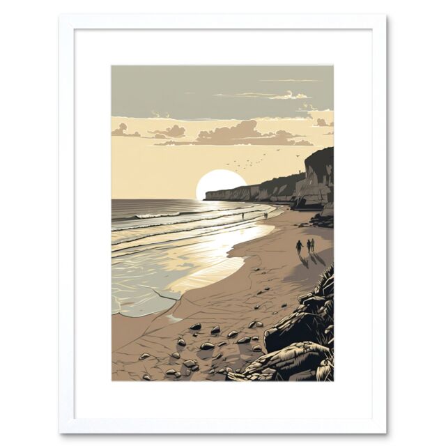 "Artery8 Wall Art Print Sunrise Walk on Filey Beach Coastal Artwork Framed 9X7 Inch in White - Size: W7"" x H9""" - image 1