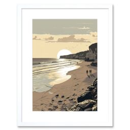 "Artery8 Wall Art Print Sunrise Walk on Filey Beach Coastal Artwork Framed 9X7 Inch in White - Size: W7"" x H9""" - thumbnail 1