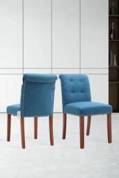 Living and Home Set of 2 Contemporary Buttoned Accent Dining Chair in Blue - thumbnail 2