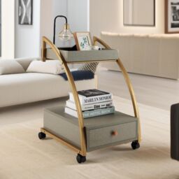 Pirlo Plush Rolling Bedside Table With Drawer Living Room Bedroom Furniture in Gold - thumbnail 2